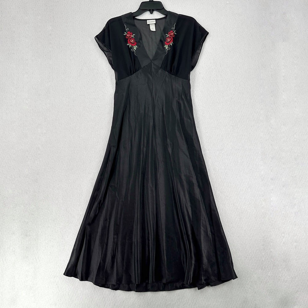 DELICATES Nightgown Slip Dress Lingerie Satin Sheer Black SM Rose Embroidered‎